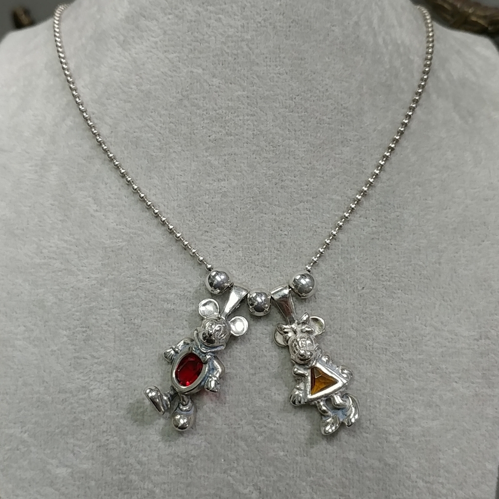 Vintage Disney 925 Sterling Silver Mickey & Minnie Mouse Charm Necklace Gemstone